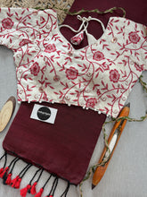 Marun Handloom Cotton Saree With Embrodery Work Redy Made Blouse